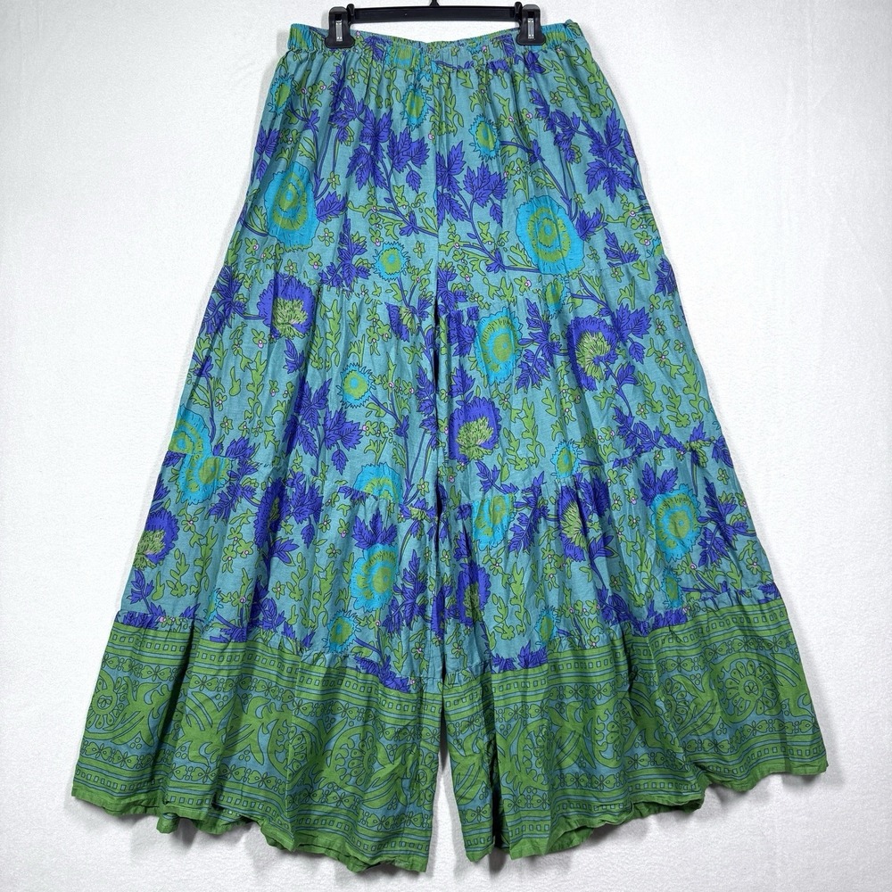 Natural Life Patti Palazzo Pants Large Floral Flowy Tiered Wide Leg Leafy Teal